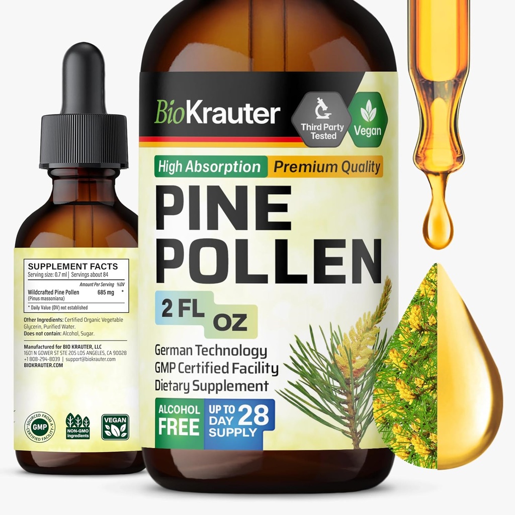 BIO KRAUTER Pine Pollen Tinktur - Pine Pollen pulver flydende ekstrakt til immunforsvar - Alkohol & sukker fri naturlig herbal supplement - 2 Fl.Oz.