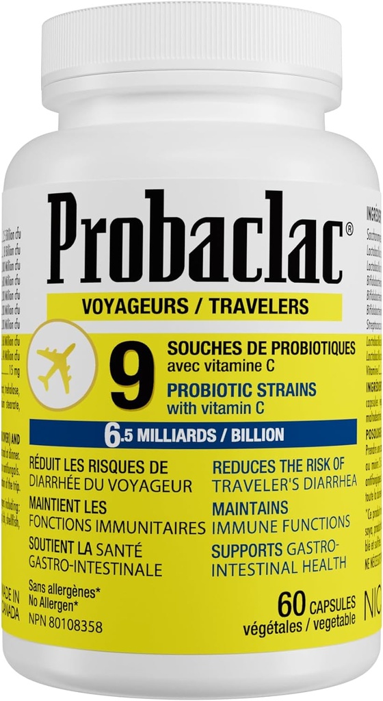 Naturlige rejsende Probiotika, Reducerende risiko for Diarré, Indeholder C-vitamin, immunforsvar, Gluten Free, Rejse Størrelse, Ferie, Cruise og Flyve Rejse Essentials, Vegan, 60 Kapsler