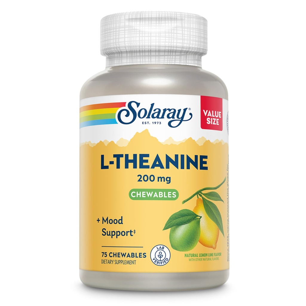 SOLARAY L Theanine 200mg, Mood Support Supplement med B6-vitamin - beroligende support under lejlighedsvis stress - Natural Lemon Lime Flavor - 60-dages garanti, Lab Verified - 75 Serveringer, 75 tyggetøj