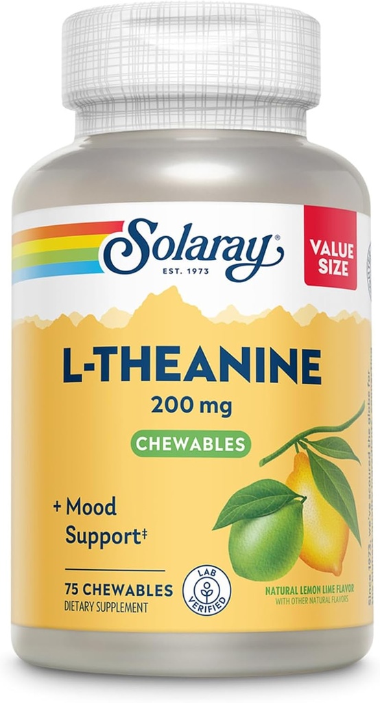 SOLARAY L Theanine 200mg, Mood Support Supplement med B6-vitamin - beroligende support under lejlighedsvis stress - Natural Lemon Lime Flavor - 60-dages garanti, Lab Verified - 75 Serveringer, 75 tyggetøj