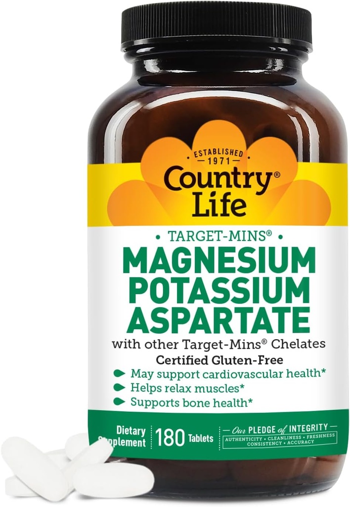Country Life Magnesium og kalium supplement for hjerte sundhed, cardiovaskulær support, immunsystem og ben sundhed, Gluten- fri