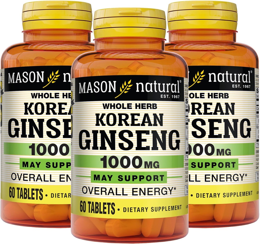 MASON NATURAL koreansk Ginseng 1000 mg, Understøtter energi, Endurance & Vitality, 60 tabletter, pakke med 3