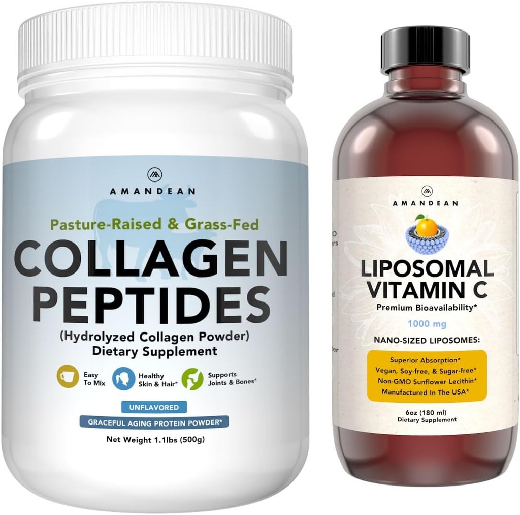 AMANDEAN Premium Liposomal Vitamin C & Bovine Collagen Peptider Bundle. Kraftig antioxidant. Liquid Quality-C. Hydrolyseret type 1 og 3. Immunstøtte. Sund hud, hår og negle