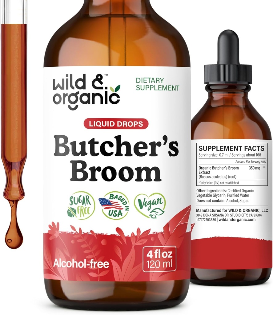 Wild & Organic Slagtere Broom Tinktur - Leg Support - Ruscus Aculeatus Root Drops - Urteslagtere Broom Supplement - Vegan, Ingen Alkohol & Sukker - 4 fl oz