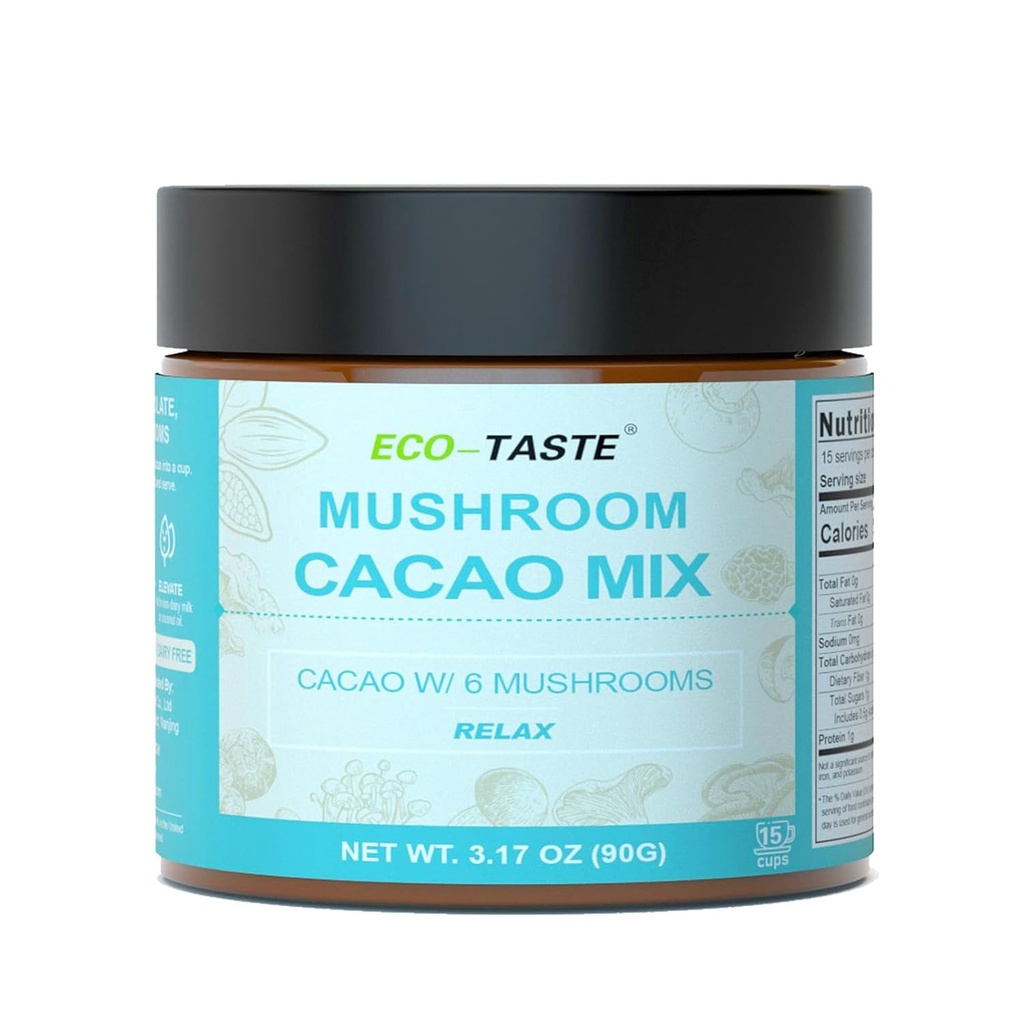 ECO- TASTE Champignon Cacao Mix, Mushroom Extract 1000mg, Vegan & Gluten- Free Coffee Alternative, 3.17oz (90g)