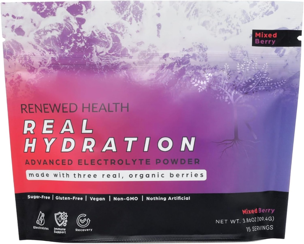 Real Hydration - Organic Fruit- Based Electrolyte Mix - Lavet med økologiske frugter & Pink salt - Zero Sugar & Vegan - Hydrering, Immun & Recovery Support (15 Serveringer, blandet berry)