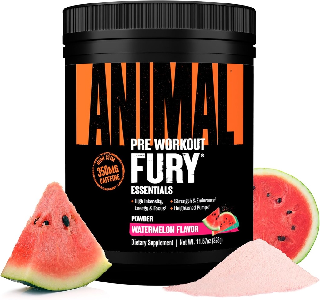 Animal Fury Pre Workout Powder - Watermelon, 350mg Koffein, BCAA Aminosyrer, 2g Beta Alanine, Citrullin & Tyrosine, Energy, Focus, Strength, Endurance, Fortræning for mænd og kvinder, 20 Servere