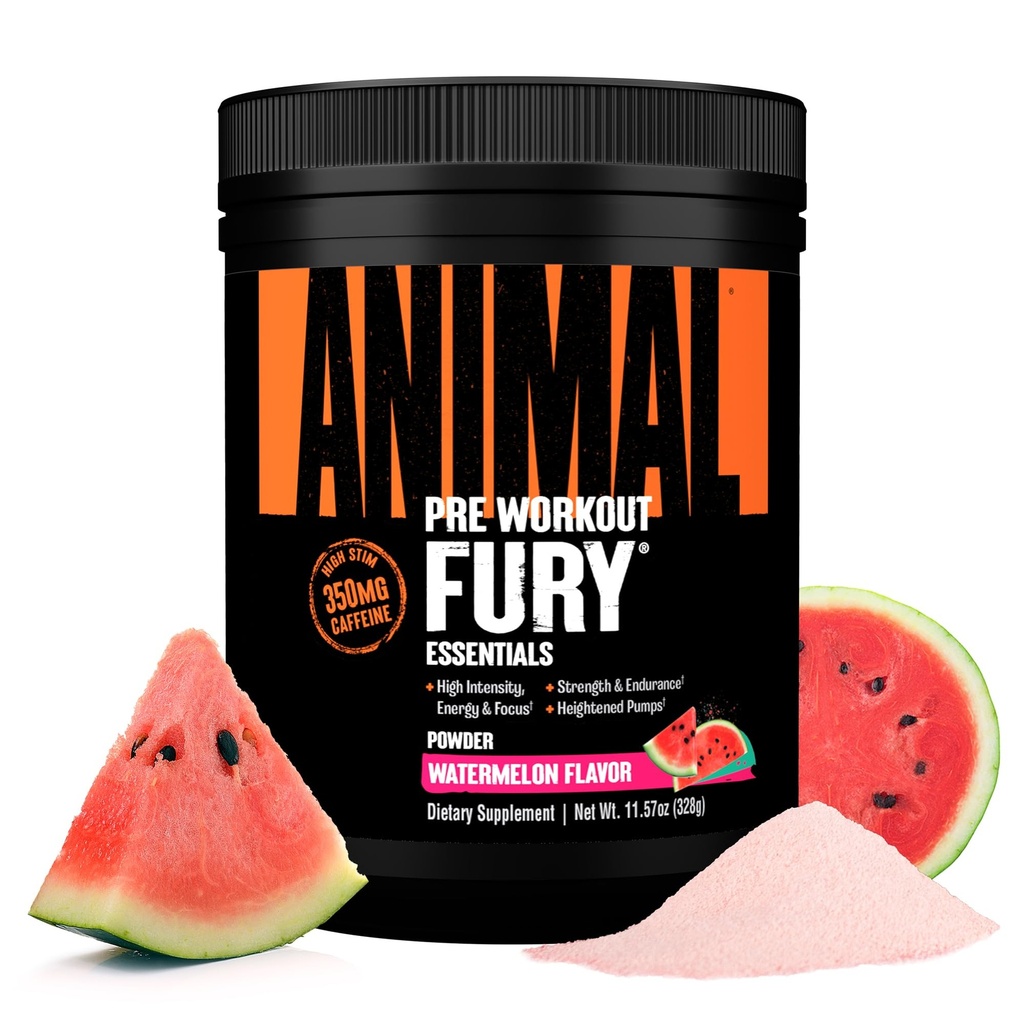 Animal Fury Pre Workout Powder - Watermelon, 350mg Koffein, BCAA Aminosyrer, 2g Beta Alanine, Citrullin & Tyrosine, Energy, Focus, Strength, Endurance, Fortræning for mænd og kvinder, 20 Servere