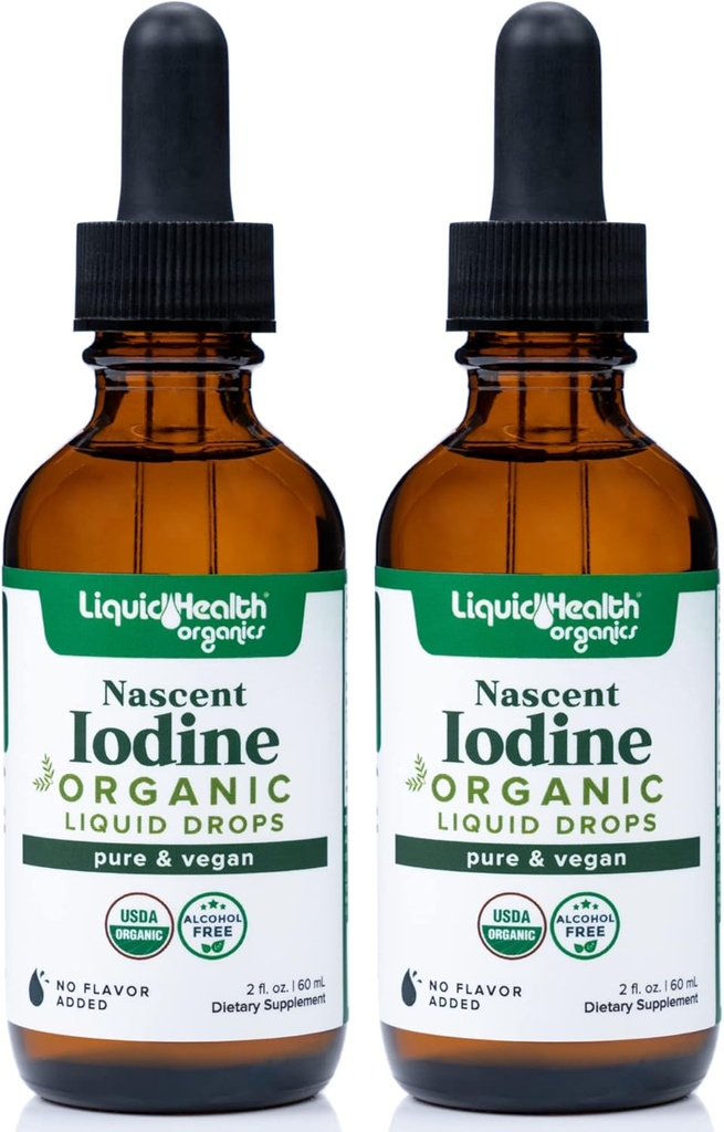 LIQUIDSUNDHED USDA Organic Nascent Jod Liquid Drops, Pure Jod supplement til Thyroid & Immunsupport, Energy Supplement - Made in USA, Vegan, Farveløs, Tastløs Tinktur (2 Pack)