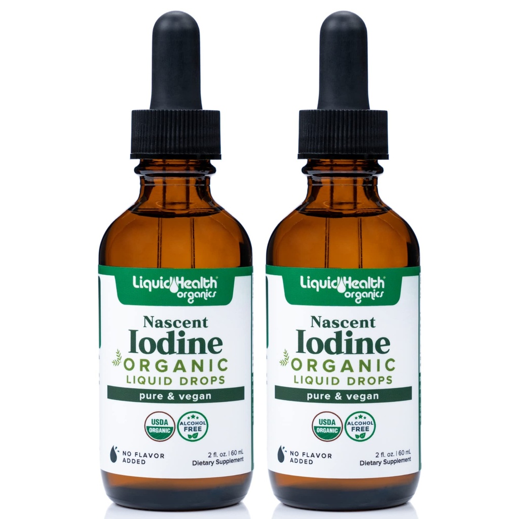 LIQUIDSUNDHED USDA Organic Nascent Jod Liquid Drops, Pure Jod supplement til Thyroid & Immunsupport, Energy Supplement - Made in USA, Vegan, Farveløs, Tastløs Tinktur (2 Pack)