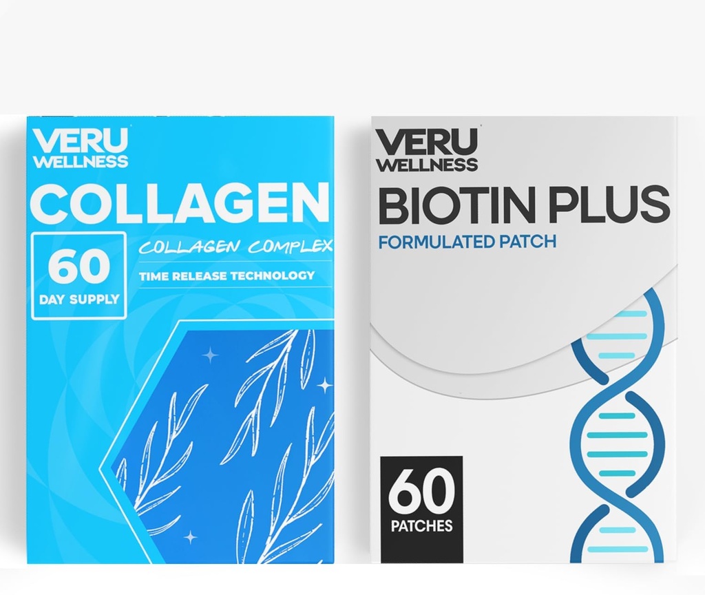 Veru Wellness Hår Skin Nail Duo Lifestyle Patches - Biotin Collagen - Selvklæbende tidsfrigørelse Topical Patch, 8-10 Timer (60 dages forsyning)