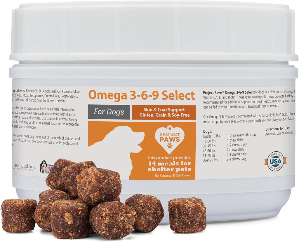 Projekt Paws Omega 3-6-9 Vælg fiskeolie til hunde - Krill Oil Skin og Coat supplement - 60 Tæl