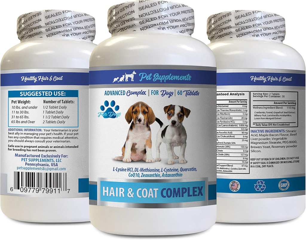 Hund Hud og Coat Kosttilskud - Hunde Hår og Coat Complex - Avanceret hudlindring - Godt for negle - Hund Vitamin e - 1 flaske (60 tabletter)