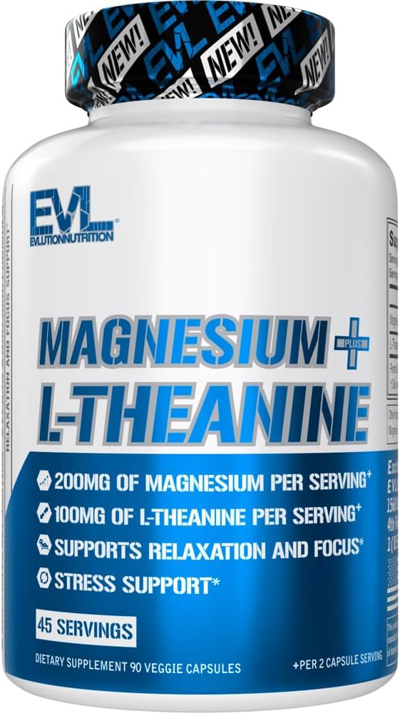 Evlution Nutrition Magnesium + L-Theanine - Natural Relaxation & Focus Support - 200mg Magnesium + 100mg L-Theanine - Vegan & Non-GMO - Dietary Supplement - 45 Servings - 90 Veggie Capsules