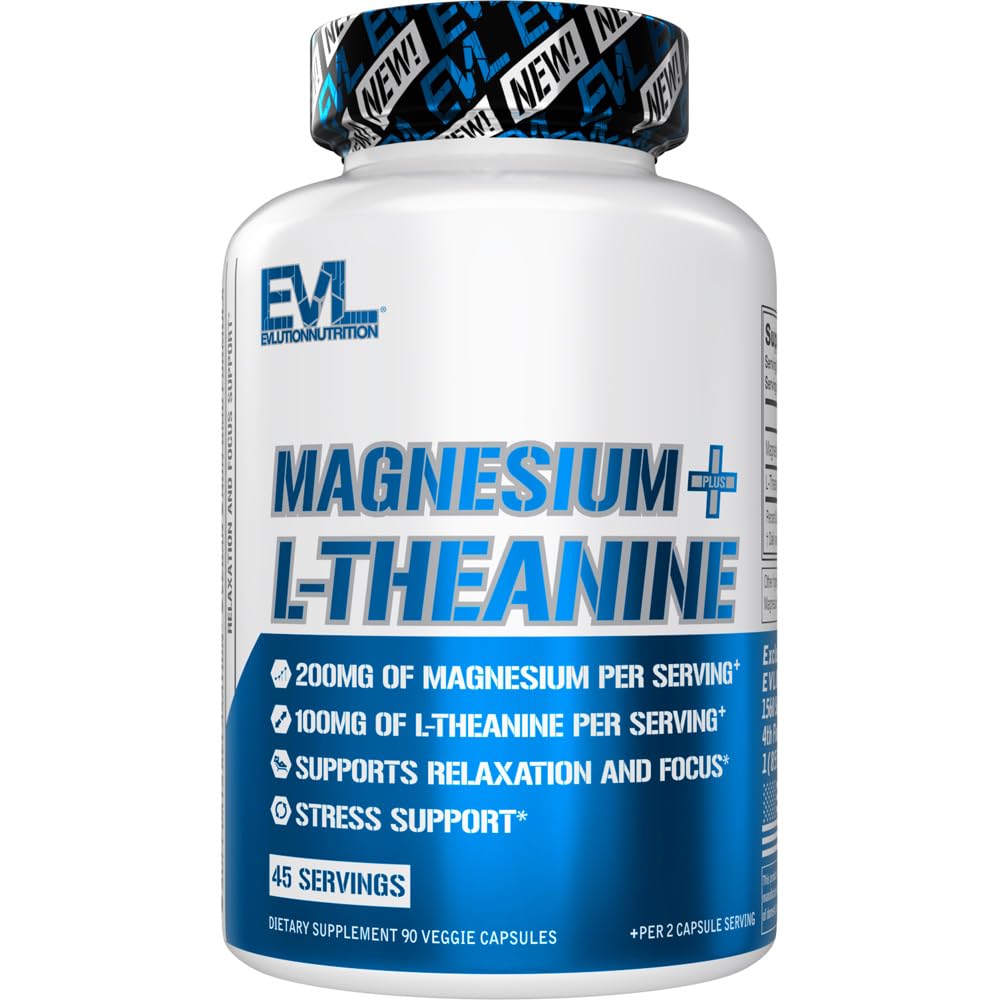 Evolution Nutrition Magnesium + L- Theanine - Natural Relaxation & Focus Support - 200mg Magnesium + 100mg L- Theanine - Vegan & Non- GMO - Kosttilskud - 45 Servering - 90 Veggie kapsler