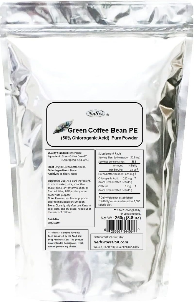 Green Coffee Bean Extract Powder, Standardized 50% Chlorogenic Acid (250 Grams (8.8 oz))
