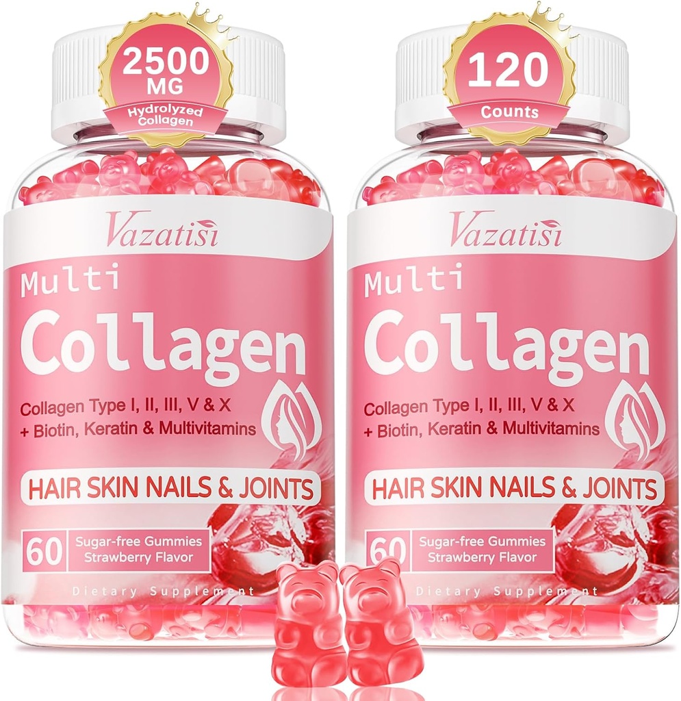 2 Pack Sugar Free Collagen Gummies for Women & Mænds; Hydrolyzed Collagen Peptider til hår hud & Nails; 124; MultiCollagen Protein type I II III V X med biotin & C-vitamin