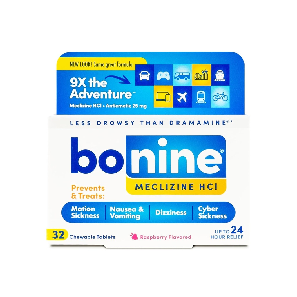 Bonine Non- Drowsy Motion Sygdom Relief - Chewable tabletter med Meclizine HCL 25mg - Non Drowsy Medicin for kvalme eller motion sygdom - Cruise Essentials - Raspberry Flavor, 32 Chewable Tablets