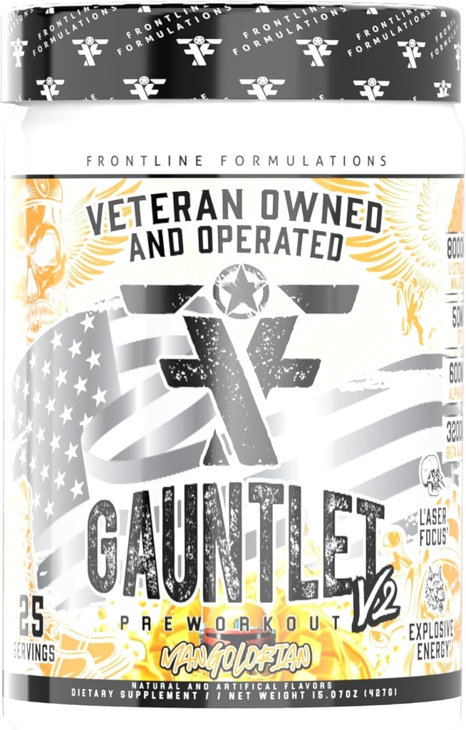 Gauntlet Pre- Workout Powder, Eksplosive workouts, Laser Focus, Mid Stim, Amazing Flavor, Veteran Ejes og drives (25 Servere, Mangolorian)