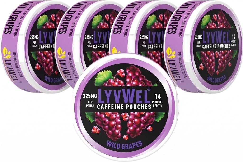 LyvWel 225mg Caffeine Pouches, Guarana-Powered Energy Pouches, Nootropic Pouches, Nicotine Free Pouches & Tobacco-Free, 5-Pack, 70 Pouches