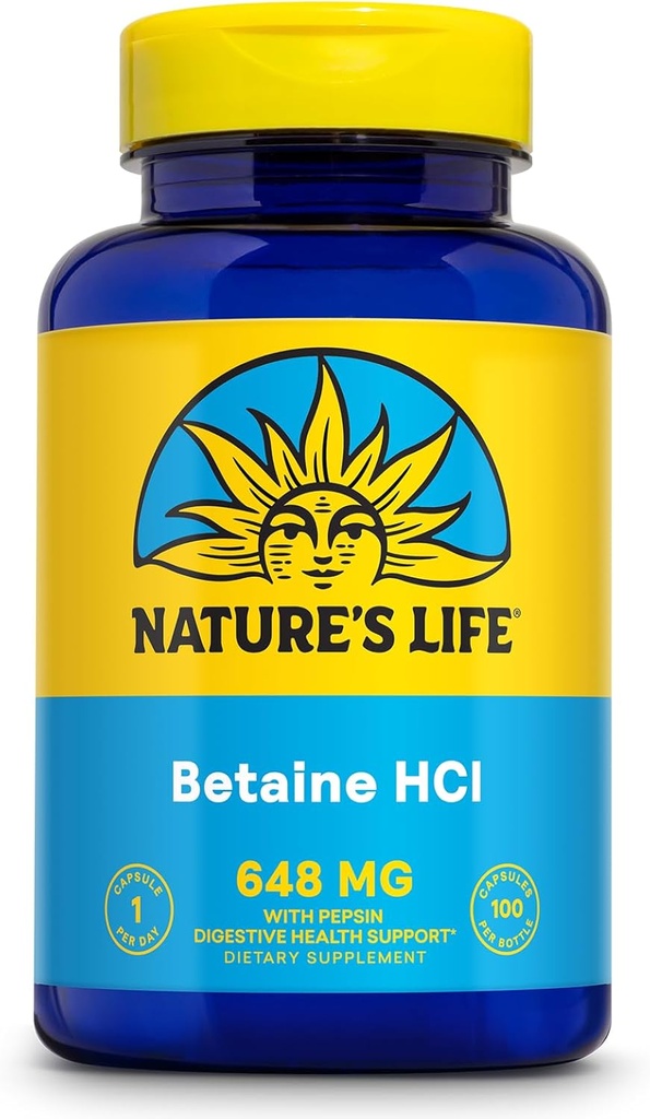 NATURE LIV Betaine HCL med pepsin - fordøjelsesmæssig sundhed formel med fordøjelsesenzymer til Gut Health Support - høj potens Saltsyre supplement, 60- dag garanti, 100 Servere, 100 kapsler