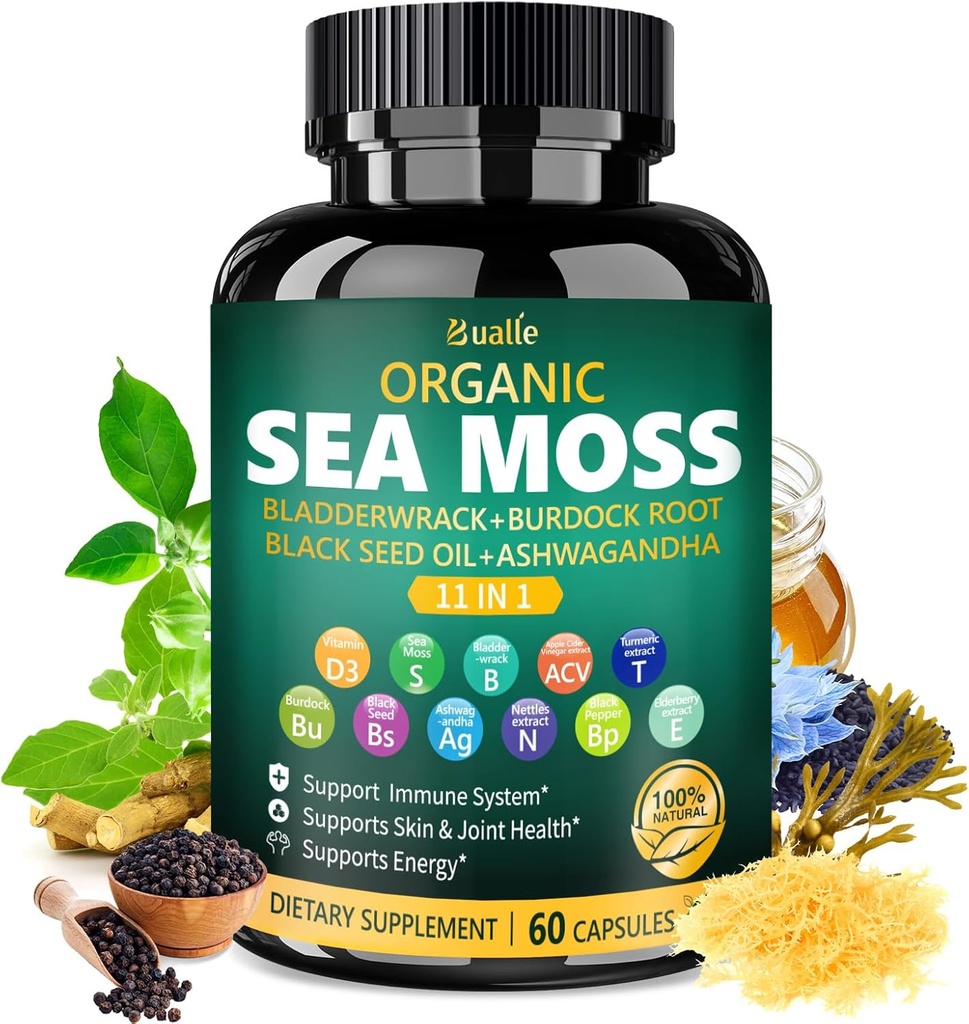 Bualle Organic Sea Moss Kapsler med Black Seed Oil, Ashwagandha, Bladderwrack, Ginger & Burdock Root - Urtekompleks til daglig wellness - 60 Kapsler (1 pakke)