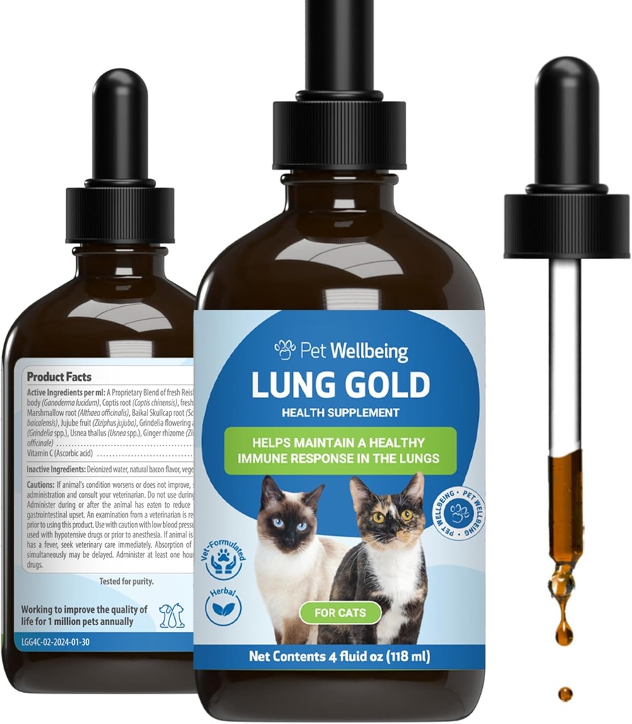 Pet Wellbeing Lung Gold for Cats - Lung immunforsvar, Lavere luftvejssygdomme, Open Airways, Normal Breathing, Reishi, Coptis - Veterinarian- Formuleret Herbal Supplement - 4 oz (118 ml)