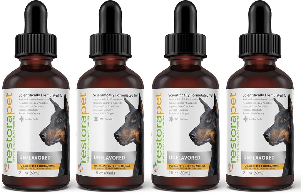 RestoraPet 4- Pack Dog & Kat Unflavored Liquid Multivitamin Mea124; Hund Gigt Smerte Relief 124; Hip & Joint Vitamin til Hunde Measures 124; Anti Inflammation Supplement for Hunde & Kat Measures 124; Organic & Non- GMO, Vet Godkendt
