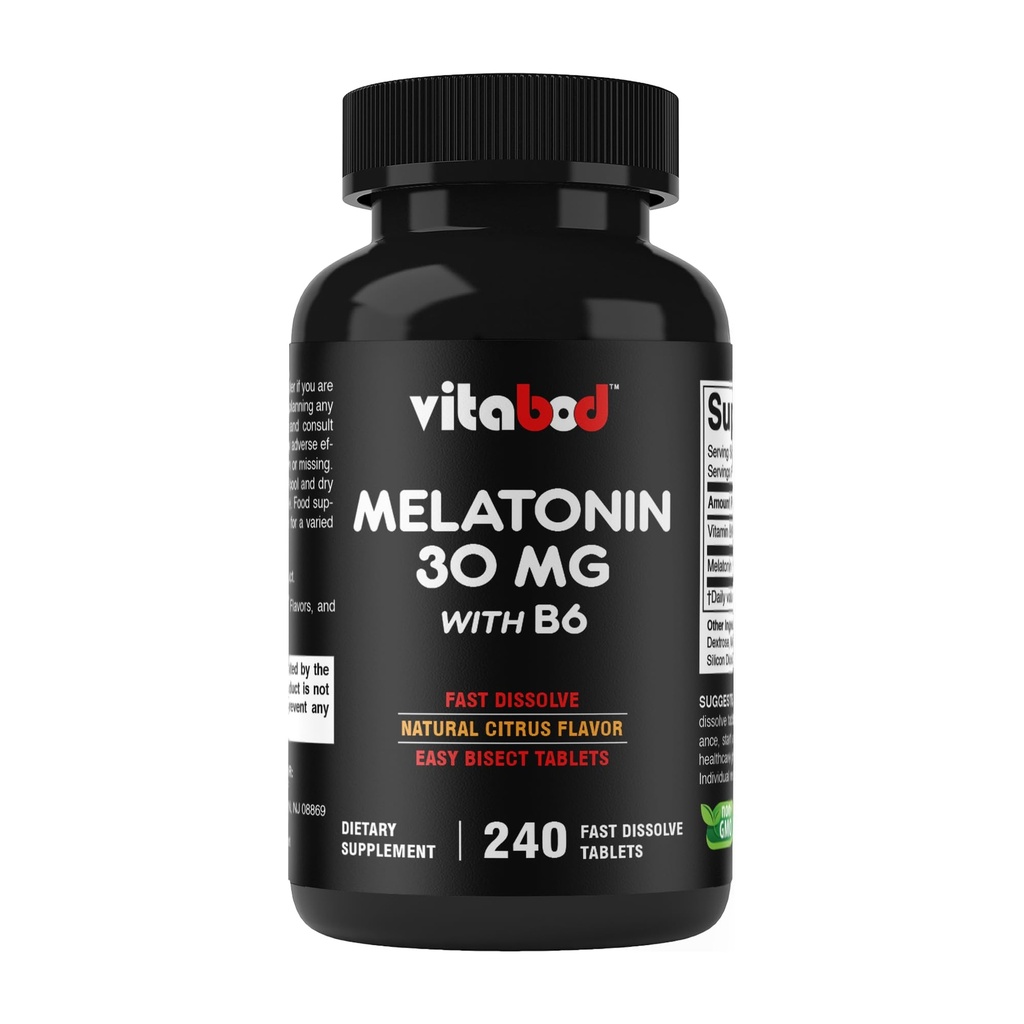 Melatonin 30 mg med vitamin B6 - 240 hurtige opløselige tabletter høj- potens søvnstøtte - drug- fri, Natural Citrus Flavor - vegetar, ikke-GMO, Gluten- fri
