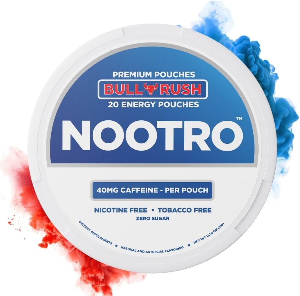 Nootro Energy Pouches with Caffeine, Nootropic Pouches, 40 mg Natural Caffeine, Vitamin B6, Magnesium, Sugar Free, No Nicotine Pouches, Tobacco Free, 20 Pouches Per Can, 1 Pack (Bull Rush)