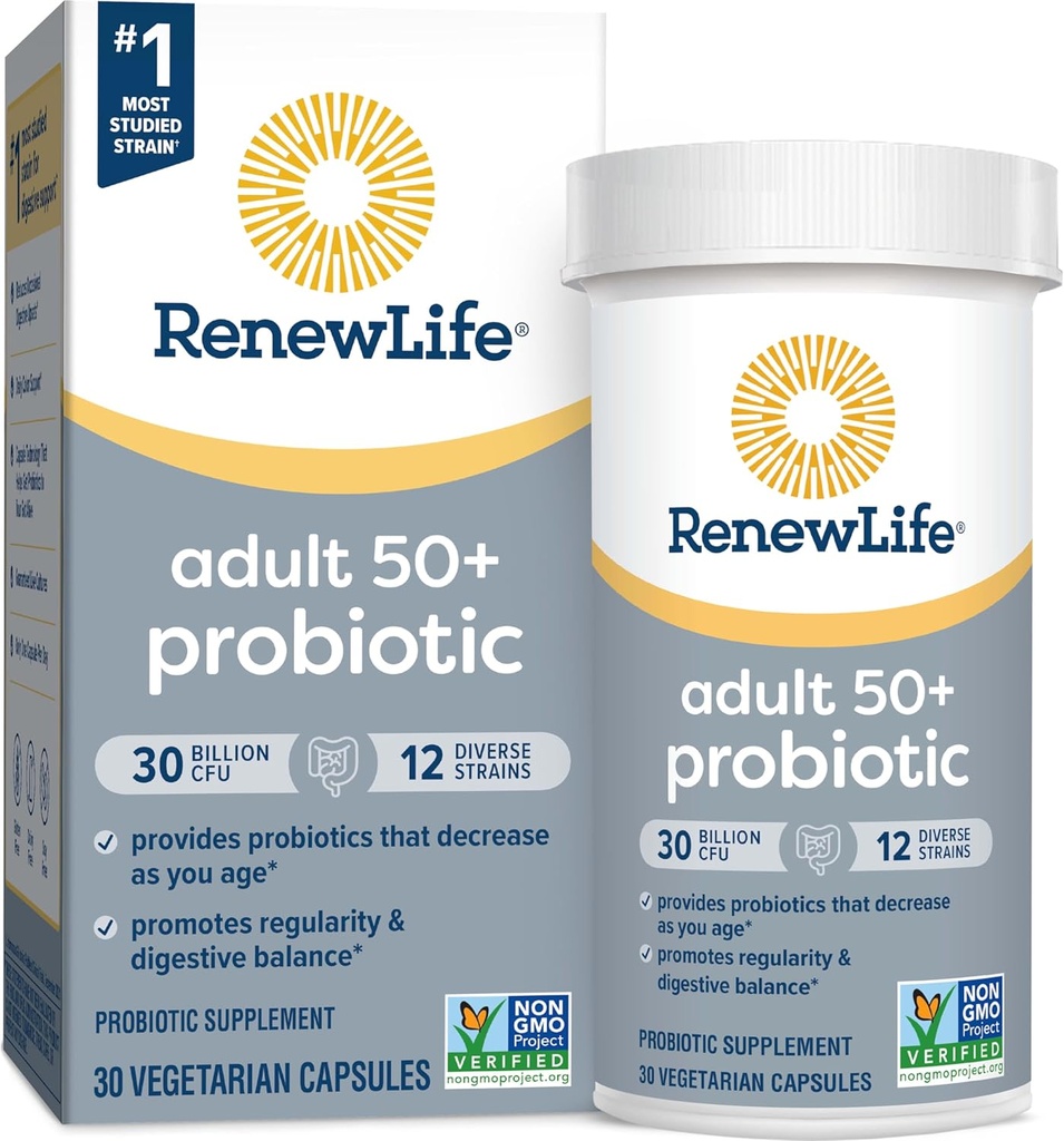 Renew Life Probiotic Voksen 50 Plus Probiotiske kapsler, Dagligt tillæg støtter urinære, fordøjelsessygdomme og immunforsvar, L. Rhamnosus GG, Dairy, Soy og glutenfri, 30 Millioner CFU, 30 Greve