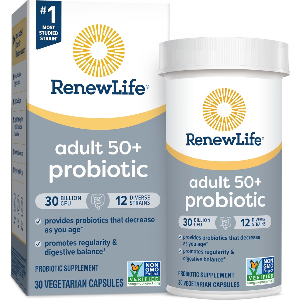 Renew Life Probiotic Voksen 50 Plus Probiotiske kapsler, Dagligt tillæg støtter urinære, fordøjelsessygdomme og immunforsvar, L. Rhamnosus GG, Dairy, Soy og glutenfri, 30 Millioner CFU, 30 Greve