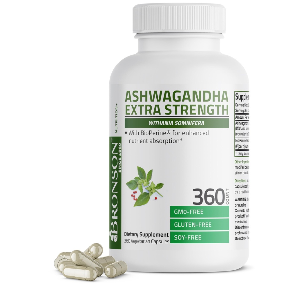 Bronson Ashwagandha Extra Strength Stress & Mood Support med BioPerine - Ikke GMO formel, 360 vegetariske kapsler