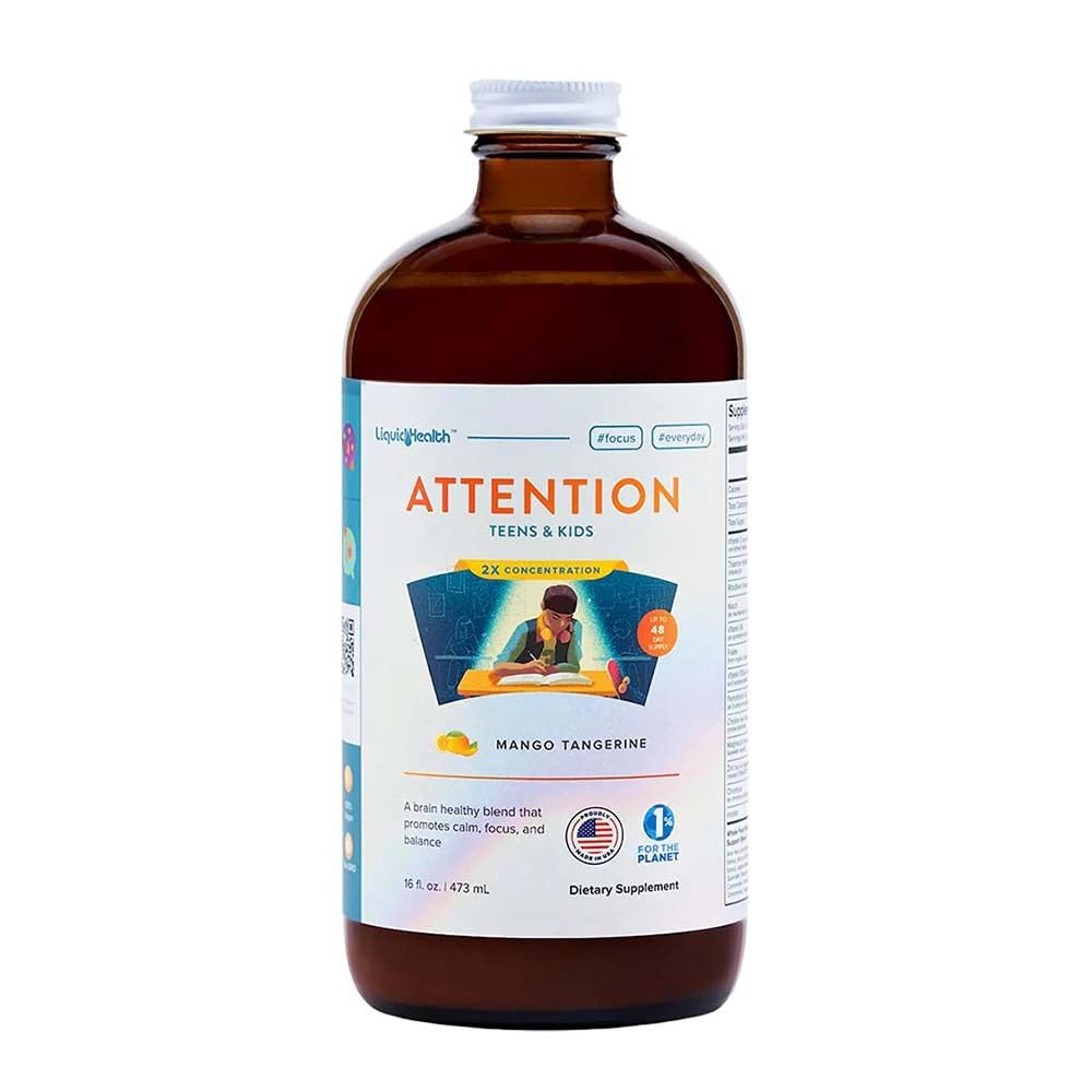 LIQUIDSUNDHED Opmærksomhed Flydende Multivitamin til børn og teenagere - Forbedrer hukommelsesretention, Koncentration, Focus, Mood, Afslapning & Opkalkning - Lavet i USA, Great Taste, Vegan, Sugar- Free (16 oz)