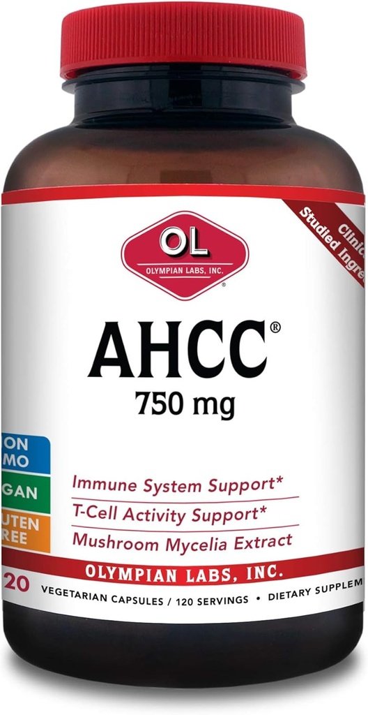 Olympian Labs Premium AHCC Supplement 750mg af AHCC per kapsel - Understøtter immunforsvar, leverfunktion, og Natural Killer Cell Aktivitet - Bulk 120 Servere