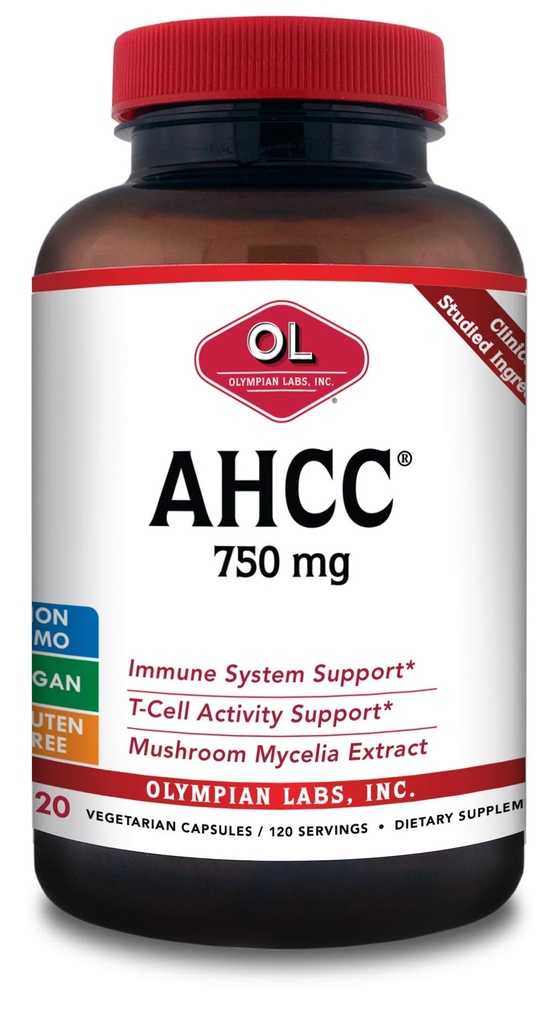 Olympian Labs Premium AHCC Supplement 750mg af AHCC per kapsel - Understøtter immunforsvar, leverfunktion, og Natural Killer Cell Aktivitet - Bulk 120 Servere