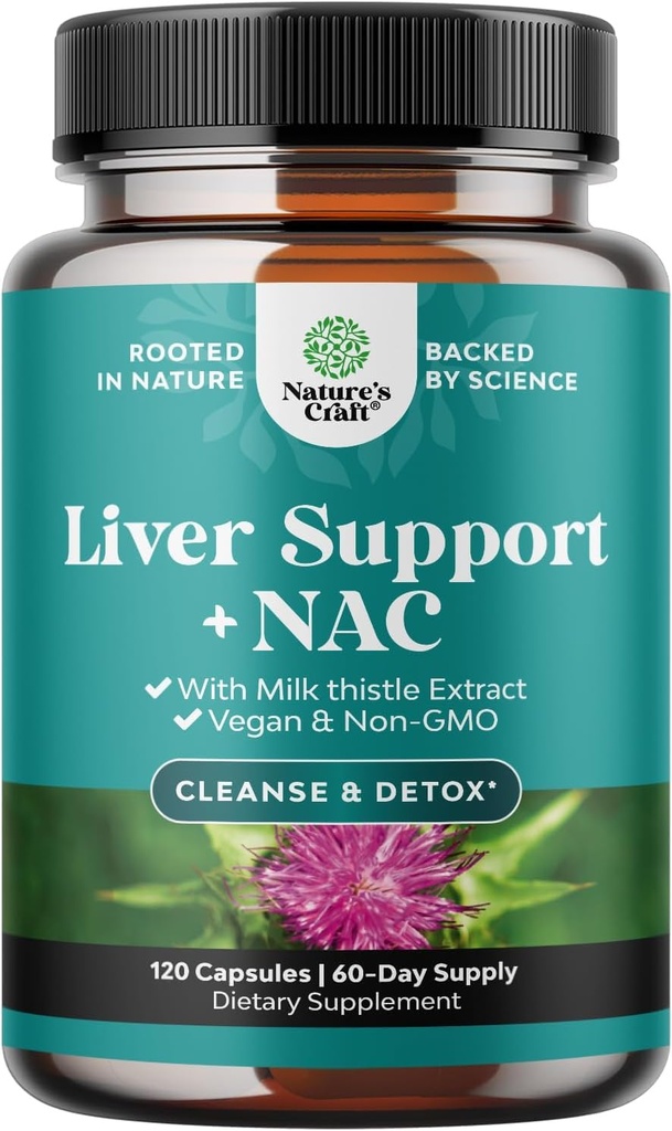 Leverstøtte NAC tillæg med mælk tidsel for lever rense Detox & reparation - N Acetyl cystein supplement lever rense med antioxidanter, gurkemeje, cholin, Mælkebøtte & L- Glutathione - 120 Caps