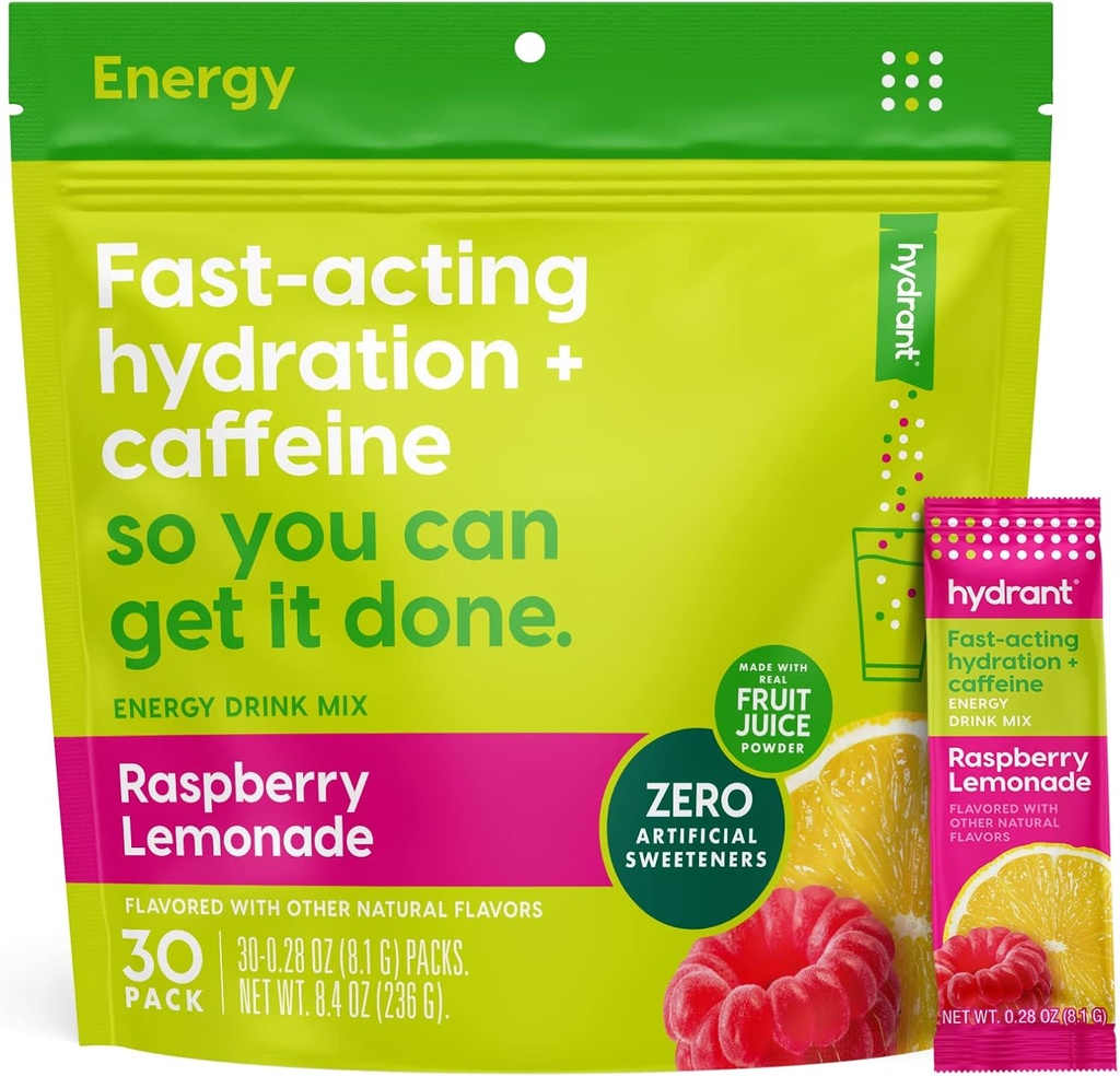 Hydrant - Energy Electrolyte Powder, Raspberry Lemonade Flavor, 30 Koffein & L- Theanine Energy Rehydration Stick Packs - Lavt sukker energi pulver til daglig brug