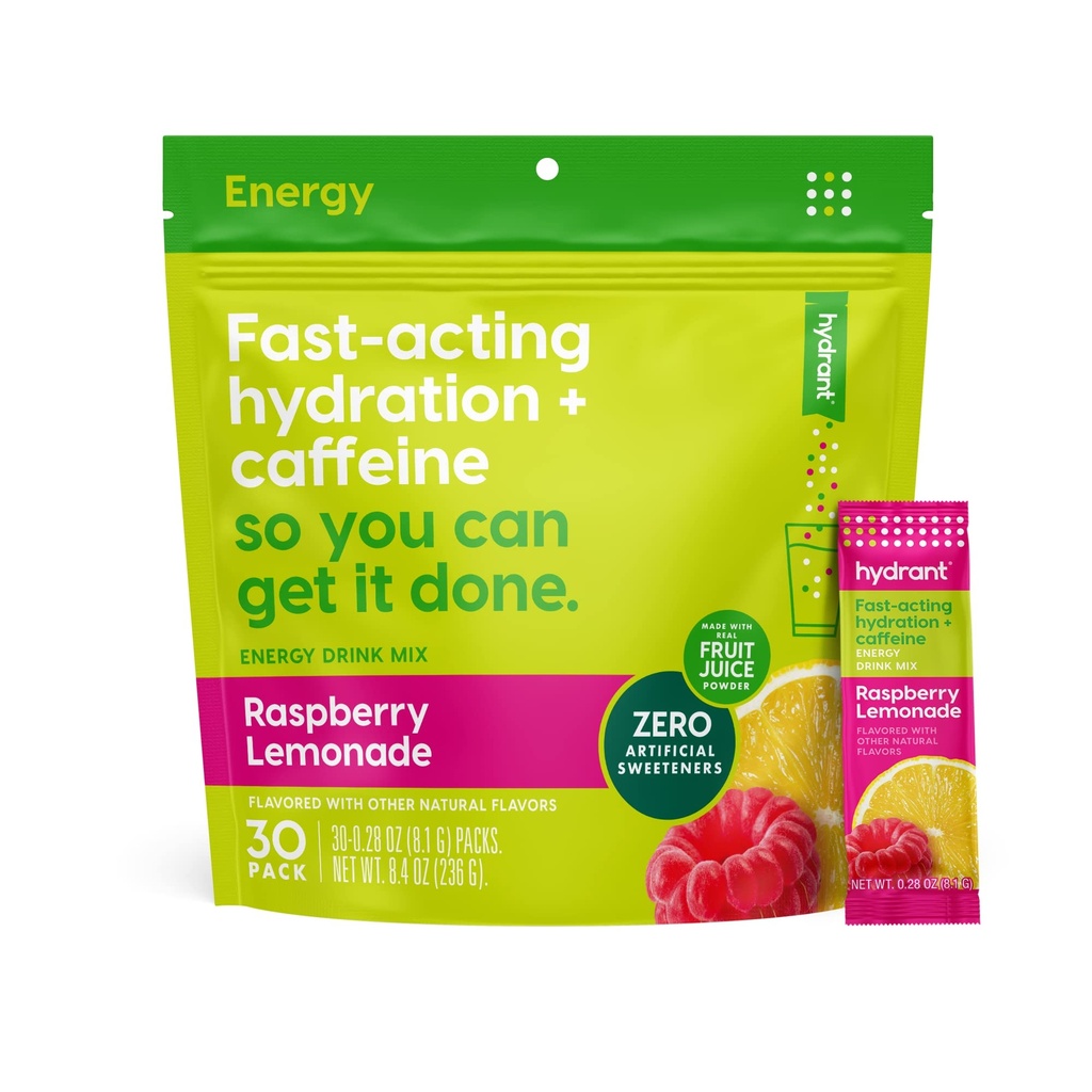 Hydrant - Energy Electrolyte Powder, Raspberry Lemonade Flavor, 30 Koffein & L- Theanine Energy Rehydration Stick Packs - Lavt sukker energi pulver til daglig brug