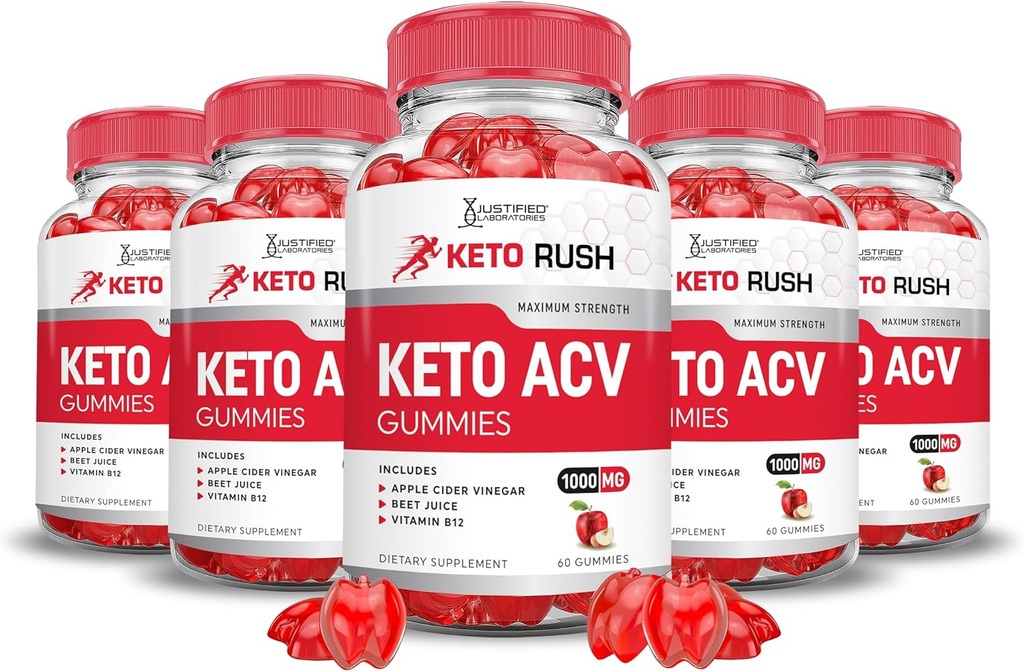 (5 Pack) Keto Rush Keto ACV Gummies Advanced Formel 1000MG Keto Rush Keto Gummies Apple Cider Vinegar Boost Formuleret med Pomegranate Beet Juice Powder B12 Vegan Non GMO 300 Gummys
