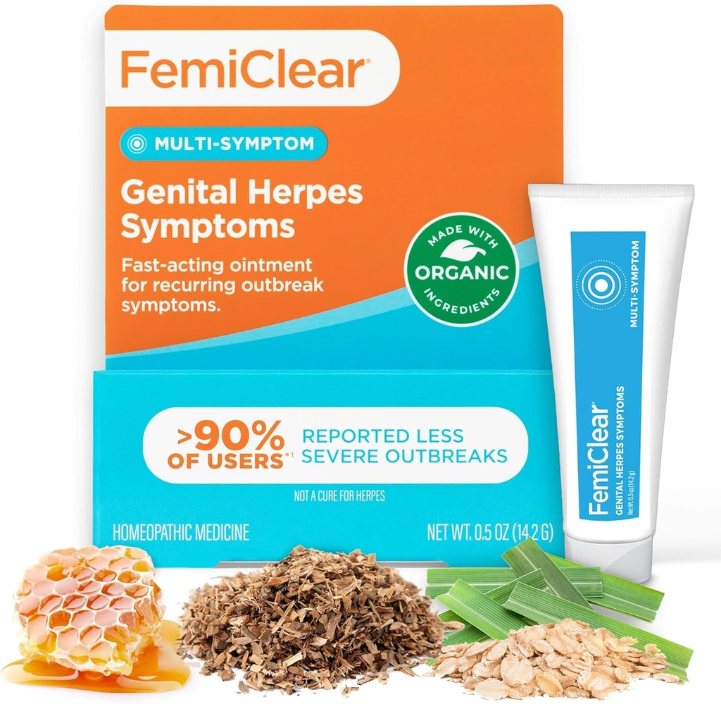 FemiClear for genitale Herpes Symptomer & Kolde Sores, Multi- Symptomer - Effektiv Intimativ Relief - Lavet med All- Natural og Økologiske Ingredienser - 0.5 Ounce Tube