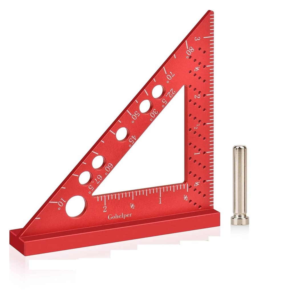 Carpenter Square, Small Triangle Square, 90 Degree Small Square Ruler, Woodworking Measuring Tool with Fixed Miter Angle Pin (Red)