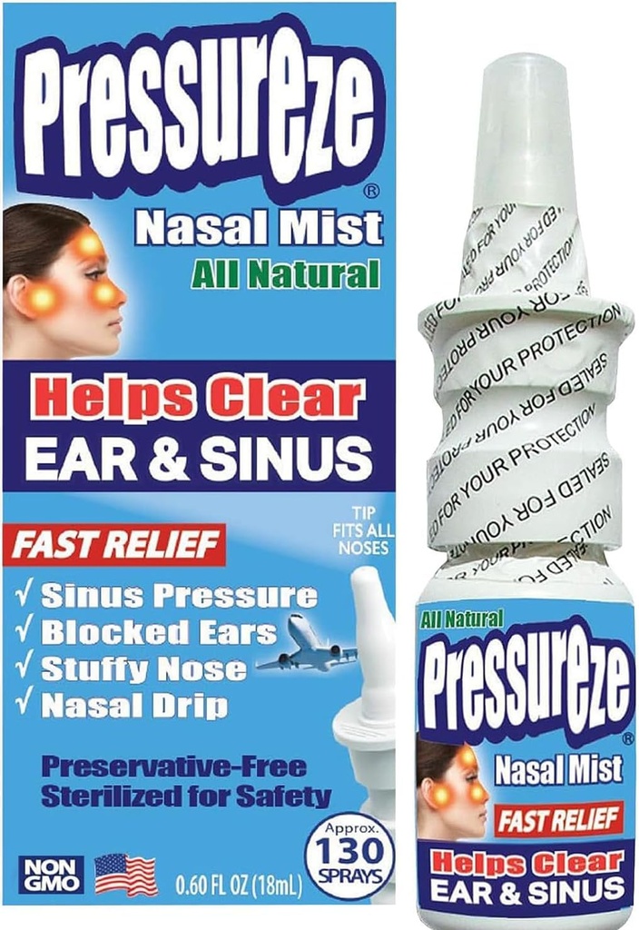 Pressureze Nasal Spray - All Natural Preservative- Gratis Sterile - Fast Relief Nasal Spray - for Sinus Allergier Congestion Blocked Øre Kraftig Snoring Mea124; 130 Sprays, 18 ml