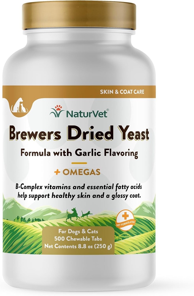 NaturVet Brewer 's Tørret Gær Pet tillæg med hvidløg Aromering - Inkluderer B- Complex Vitaminer, Omega-3, 6, & 9 Fedtsyrer - Hjælper støtte Glossy Coat, Sund hud til hunde, Katte 500 Ct.