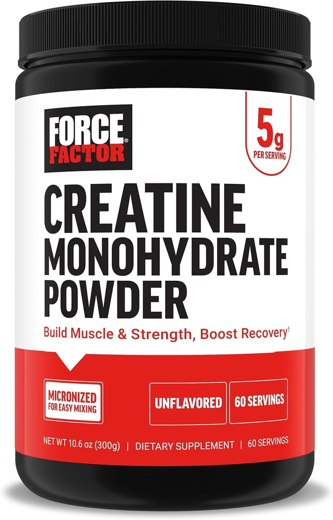 Kraftfaktor Creatinin monohydrat pulver, 5g Mikroniseret dosis til støtte muskelvækst, styrke, Inddrivelse, kognitiv sundhed & hukommelse, Unflavored, 60 Serveringer