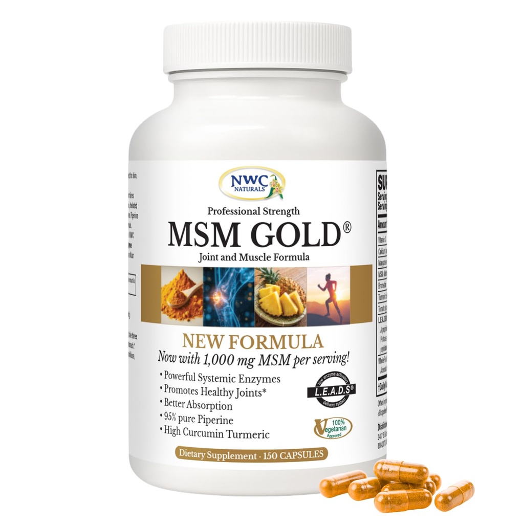 NWC Naturals MSM Gold - Systemisk enzym tillæg med gurkemeje, Tomato Lycopene & BioPerine for Nutrient Absorption - Joint & Muscle Support - 150 Antioxidant- Rich Vegetariske Kapsler