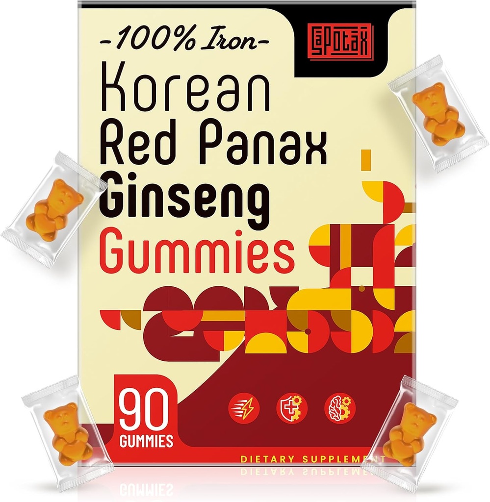 Koreansk rød Panax Ginseng Supplement Gummies - Jern Kosttilskud til kvinder og mænd - Jern Gummies med C-vitamin, B6, B12, Kalium & Magnesium, Vegan - 90 Tæl