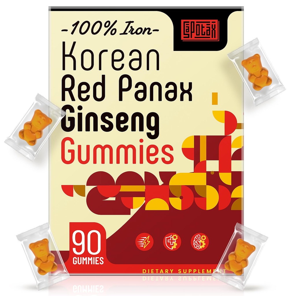 Koreansk rød Panax Ginseng Supplement Gummies - Jern Kosttilskud til kvinder og mænd - Jern Gummies med C-vitamin, B6, B12, Kalium & Magnesium, Vegan - 90 Tæl