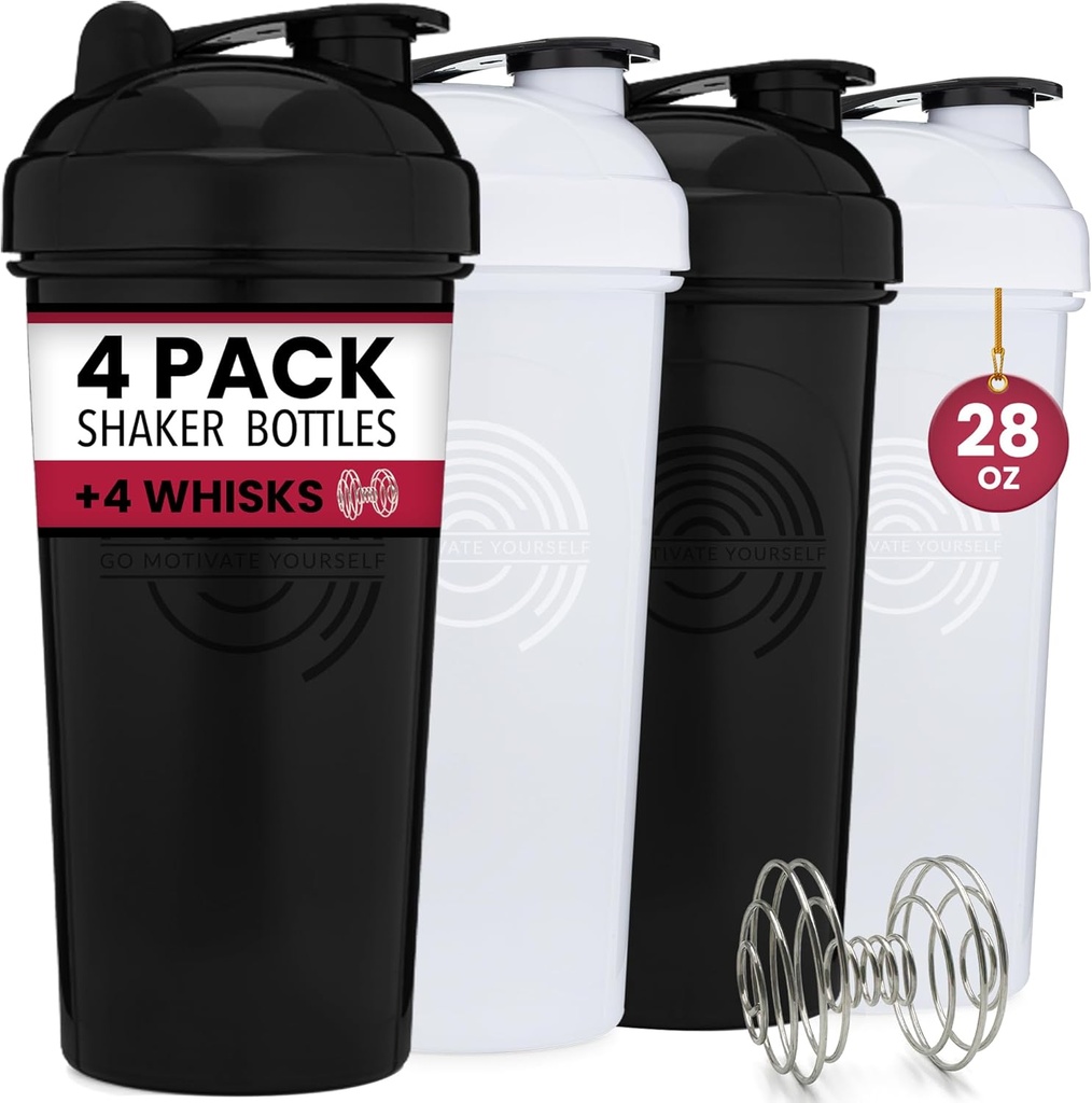 GOMOYO 4- Pack - 28 Ounce Protein Shaker Flaske til mixes, 4xWire Whisk, Læbe Bevis Bulk Supplement mixes og Pre-Workout Shaker Cups, Opvaskemaskine Safe & BPA Free, Black & White