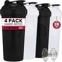 GOMOYO 4- Pack - 28 Ounce Protein Shaker Flaske til mixes, 4xWire Whisk, Læbe Bevis Bulk Supplement mixes og Pre-Workout Shaker Cups, Opvaskemaskine Safe & BPA Free, Black & White